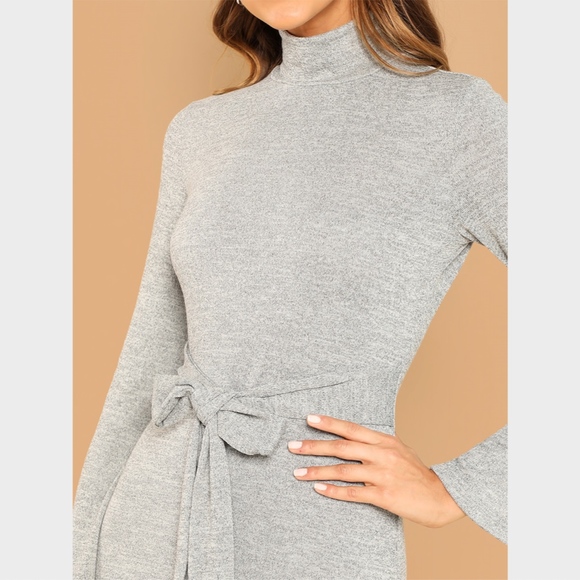 New! Mock Neck Marled Self-Tie Mini Dress Grey - Picture 4 of 6